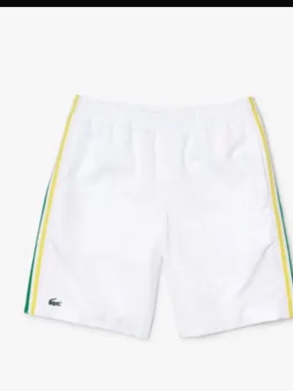 Lacoste White Athletic Shorts with Navy & Yellow Side Stripes 9in Large L